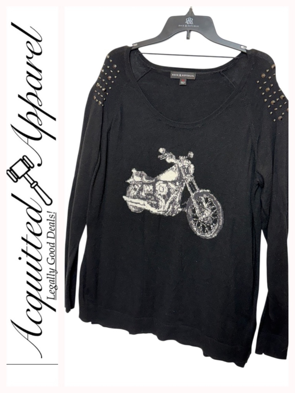 Rock & Republic Black Studded Motorcycle Graphic Long-Sleeve Lightweight Sweater